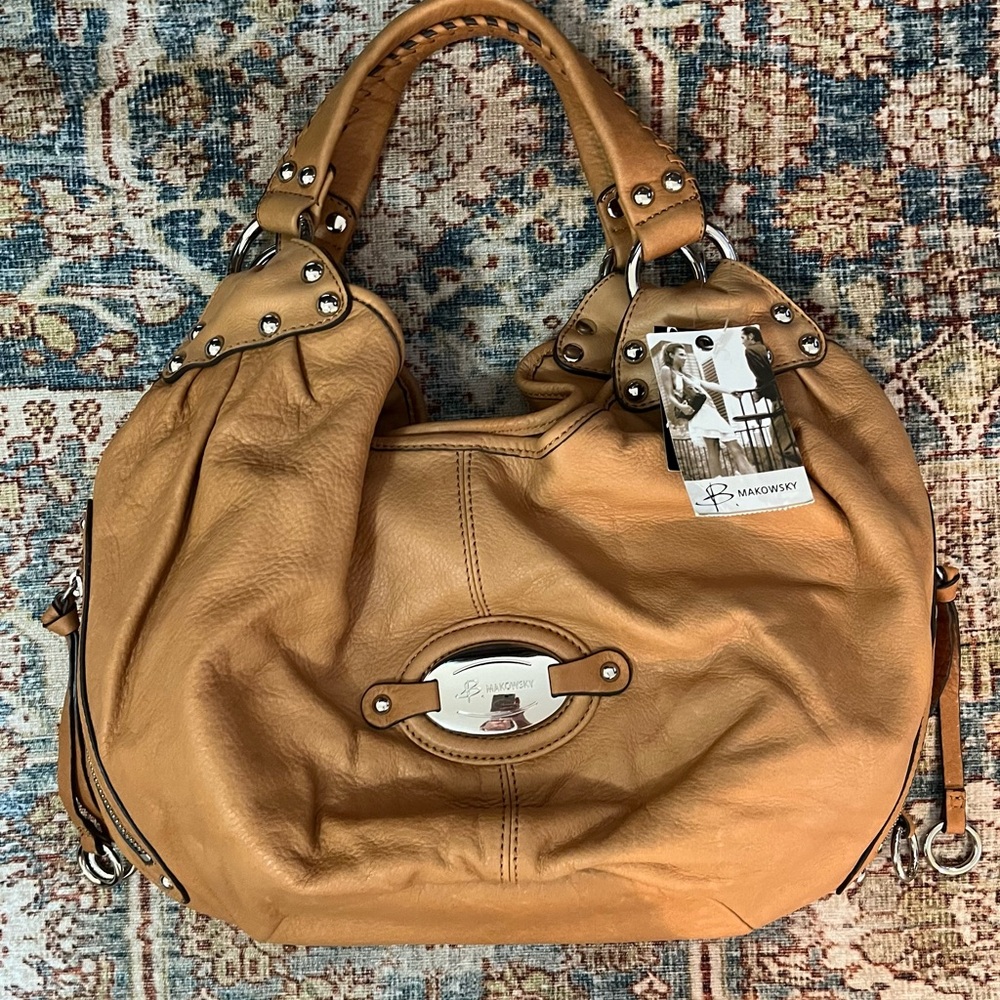 B. Makowsky Vintage Berlin Ball Tote Brown Leather with silver studs